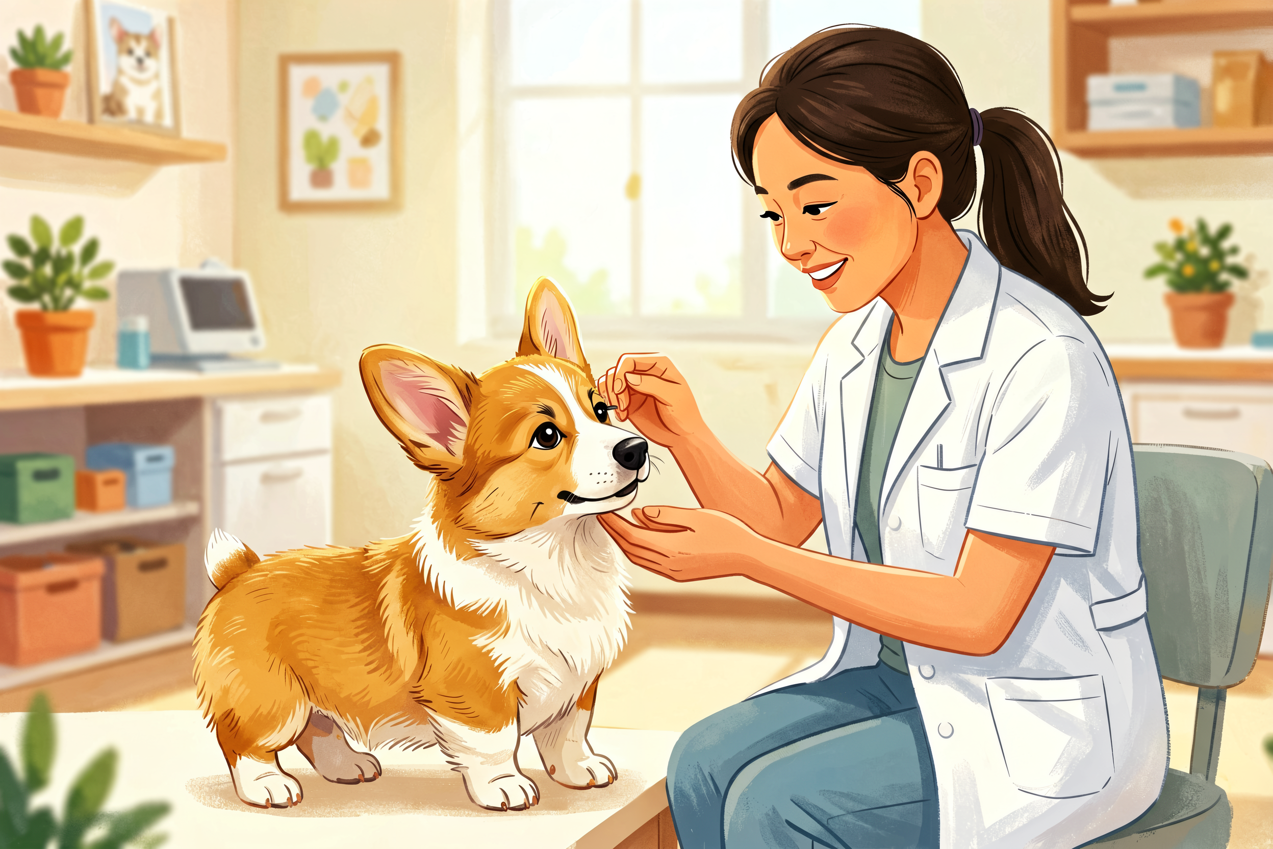 Cute corgi puppy receiving its first vaccination from a friendly vet
